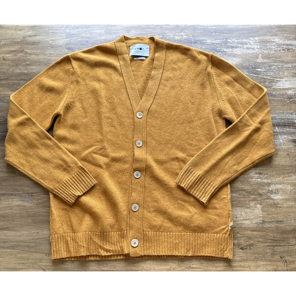 NN07 Bjorn Wool Cardigan Men’s L Gold Yellow Button Front Knit Sweater EUC